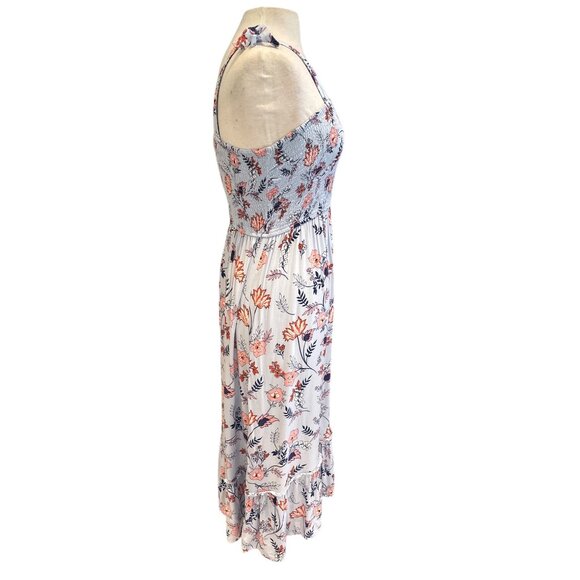 Japna Floral Smocked Midi Dress With Tie Straps & Ruffled Hem - Light Blue Pink - Picture 4 of 7